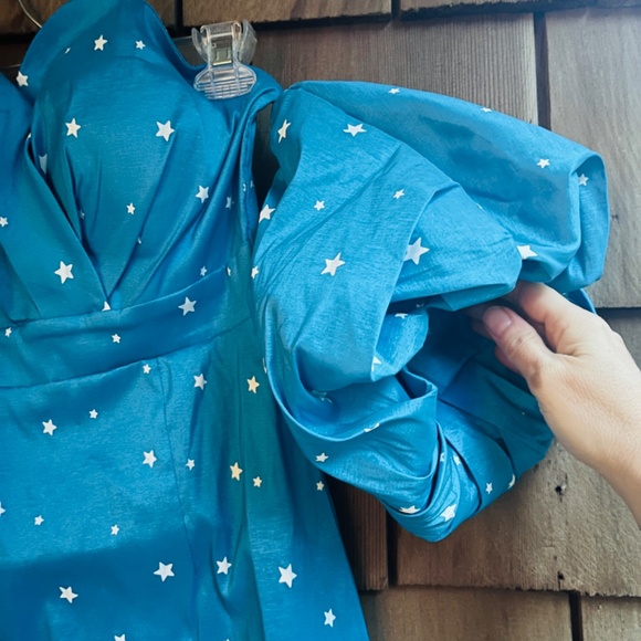 Michele Laperle White Stars Print Puff Sleeves Knee Length Blue Bustier Dress 8 - Picture 9 of 12